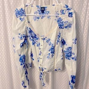 Blue Floral Front Tie Crop